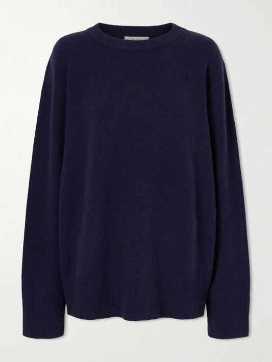 Image of a model wearing Outerwear. Product name - Sibem Wool And Cashmere-blend Sweater in Navy colour by brand - The Row
