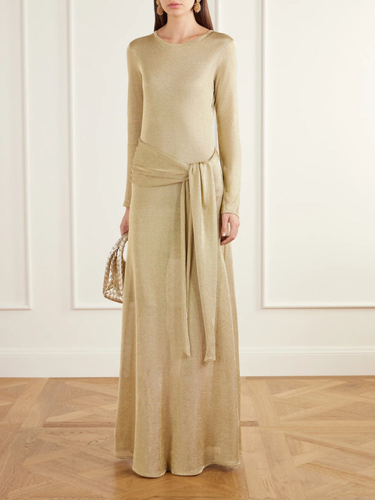 Image of Dresses. Product name - Tie-detailed Knitted Gown in Gold colour by brand - Oscar de la Renta