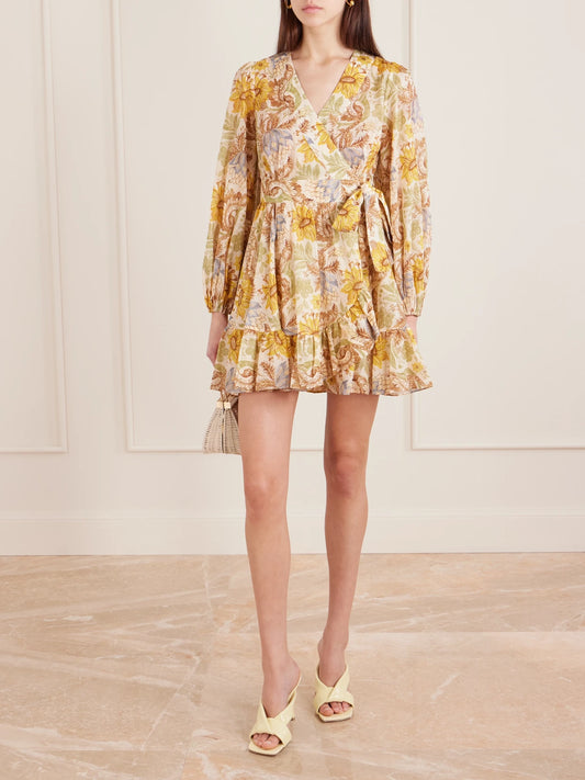 Image of Dresses. Product name - Daylight Ruffled Floral-print Cotton-voile Mini Wrap Dress in Yellow colour by brand - Zimmermann