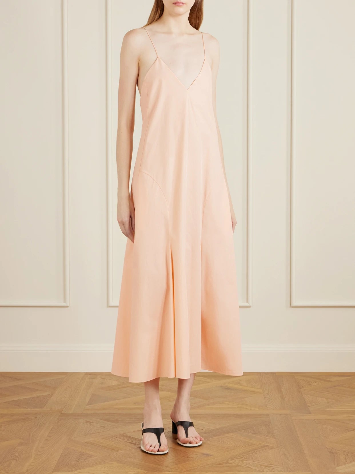 Image of Dresses. Product name - Iben Paneled Cotton-poplin Midi Dress in Peach colour by brand - KHAITE
