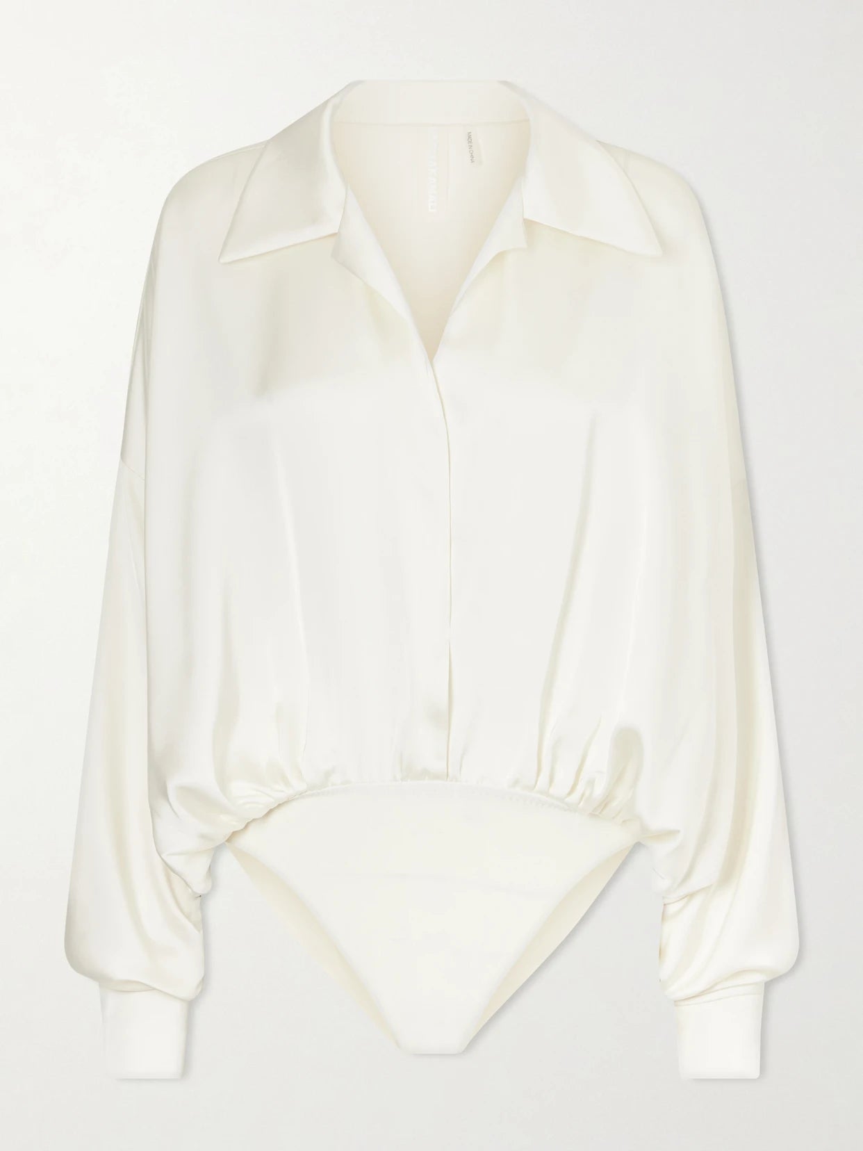 Image of Bodysuits. Product name - Boyfriend Shirt Satin Bodysuit in White colour by brand - Norma Kamali