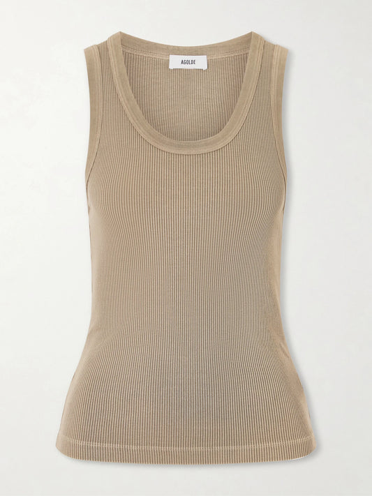 Image of a model wearing Tops. Product name - Poppy Ribbed Stretch Organic Cotton And Tencel-blend Jersey Tank in Brown colour by brand - AGOLDE