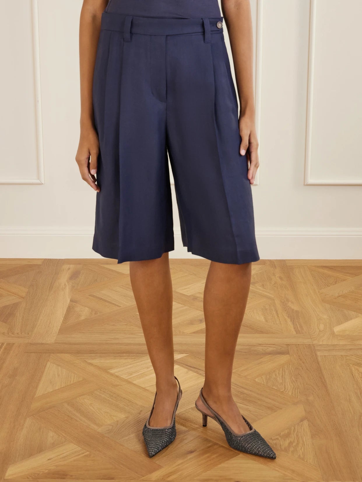 Bead-embellished Pleated Twill Shorts