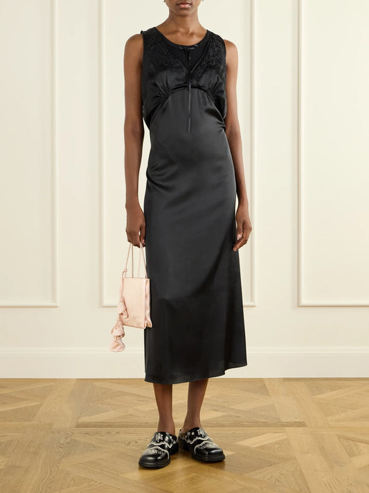Image of Dresses. Product name - Bow-detailed Embroidered Satin Midi Dress in Black colour by brand - Simone Rocha