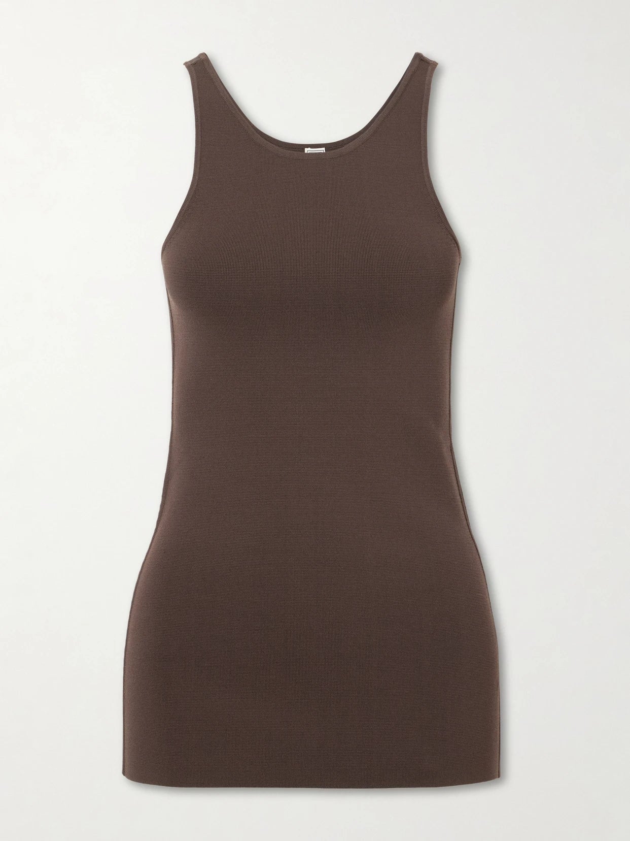 Image of a model wearing Tops. Product name - Knitted Tank in Brown colour by brand - TOTEME