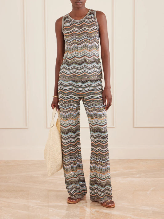 Image of a model wearing Tops. Product name - Striped Crochet-knit Halterneck Tank in Brown colour by brand - Missoni
