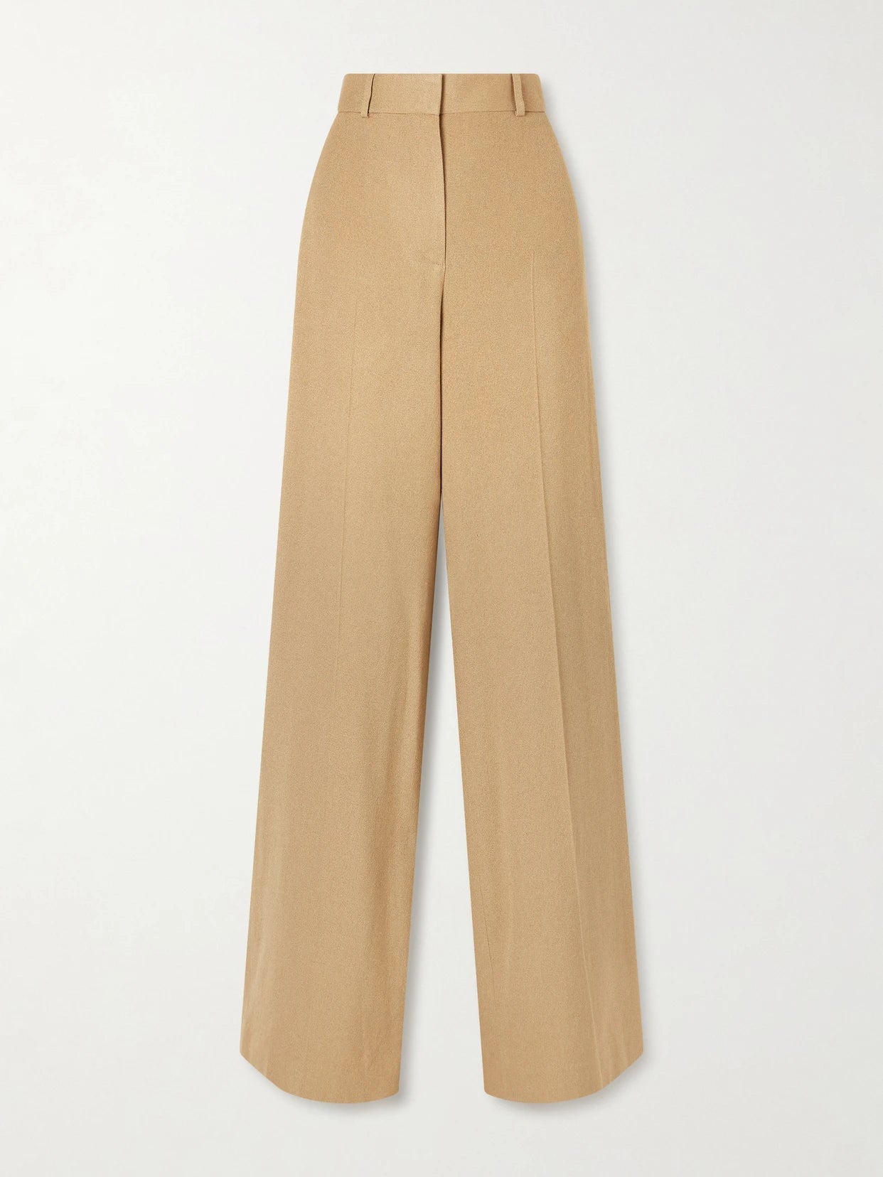 Image of a model wearing Pants. Product name - Dender Silk-twill Wide-leg Pants in Camel colour by brand - The Row