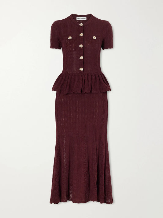 Self-Portrait Button-embellished Peplum Cotton Midi Dress