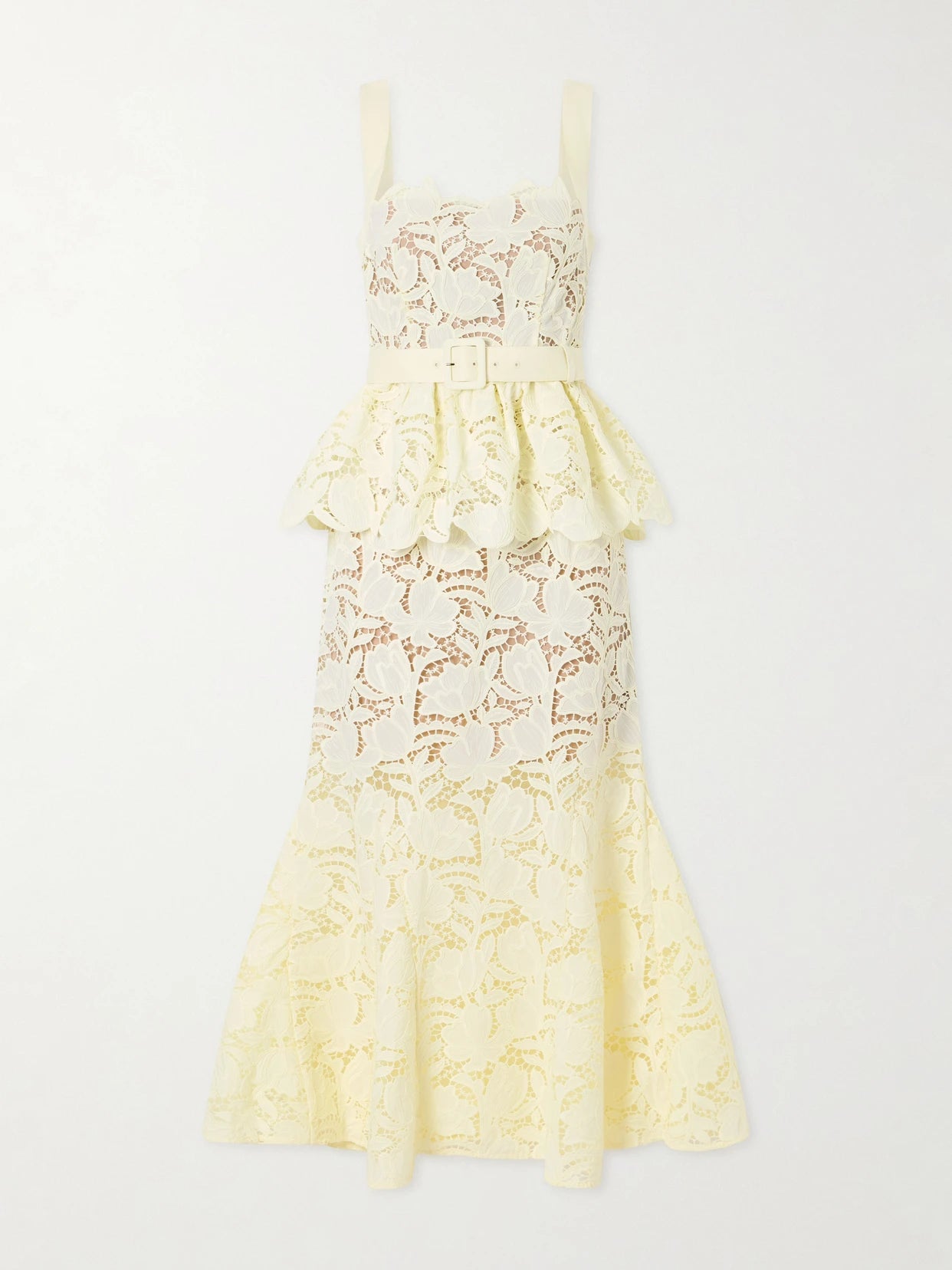 Image of Dresses. Product name - Belted Lace Peplum Midi Dress in Yellow colour by brand - Self-Portrait