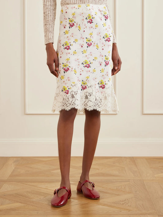 DÔEN Elowette Floral-print Lace-trimmed Silk-satin Knee-length Skirt