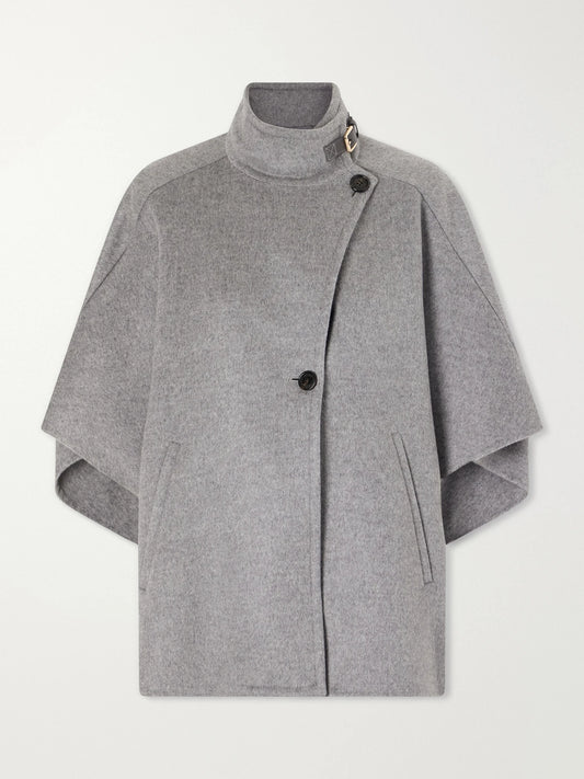 Image of Coats & Jackets. Product name - Buckled Leather-trimmed Cashmere Cape in Light gray colour by brand - Max Mara
