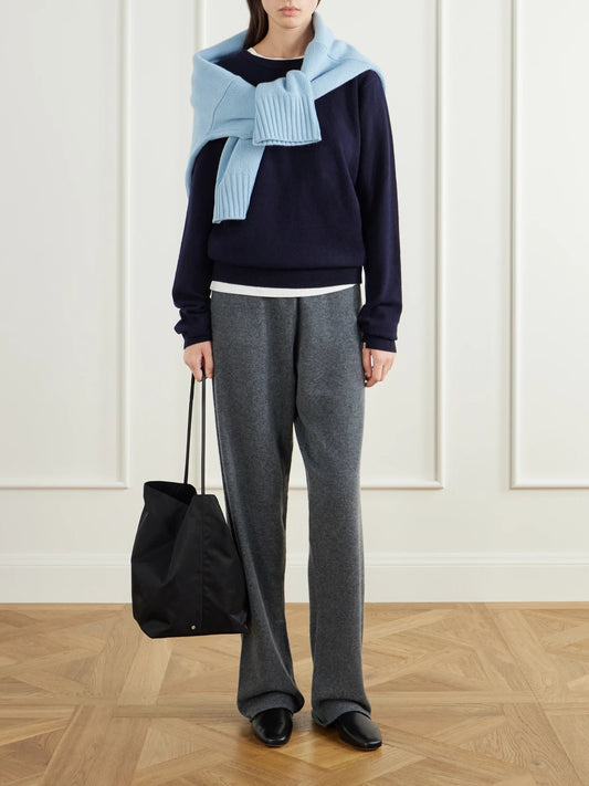 Image of a model wearing Outerwear. Product name - The Be Classic Cashmere-blend Sweater in Navy, Light gray colour by brand - Extreme Cashmere