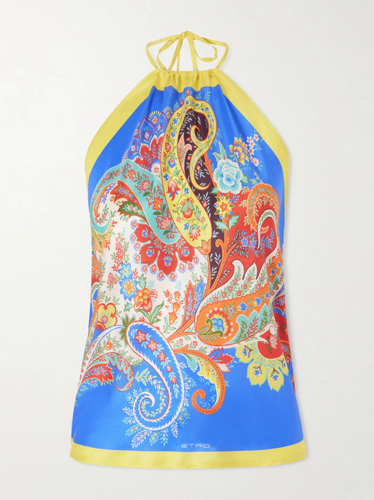 Image of a model wearing Tops. Product name - Paisley-print Silk-twill Halterneck Top in Multi colour by brand - Etro