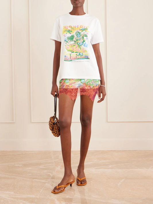 Image of a model wearing Tops. Product name - Sonido Bestial Printed Cotton-jersey T-shirt in White colour by brand - Donde Esteban