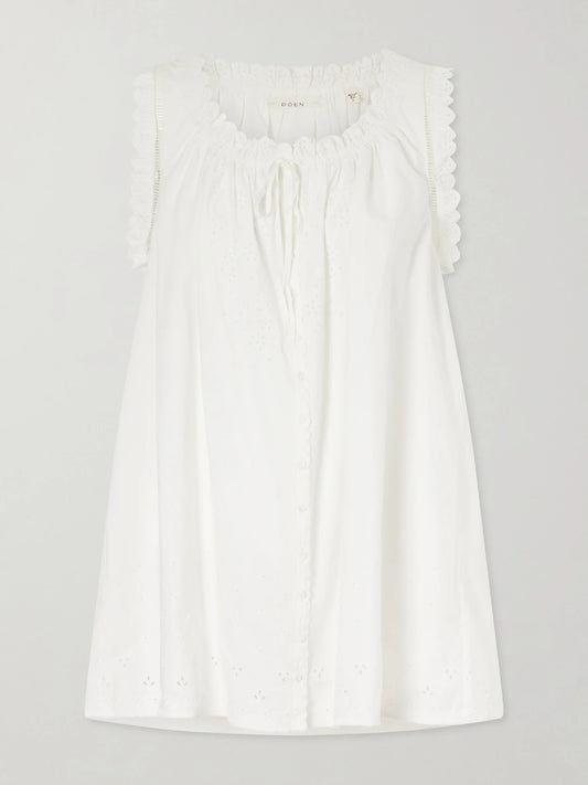 Image of Dresses. Product name - Nessie Broderie Anglaise Organic Cotton Mini Dress in White colour by brand - DÔEN