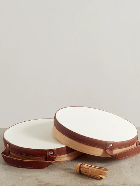 Image of Decor. Product name - Walnut Wood, Leather And Cork Tamburello Set in Brown colour by brand - Brunello Cucinelli