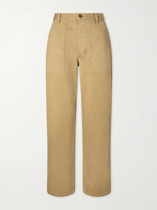 Image of a model wearing Pants. Product name - Earl Herringbone Cotton Straight-leg Pants in Beige colour by brand - Nili Lotan