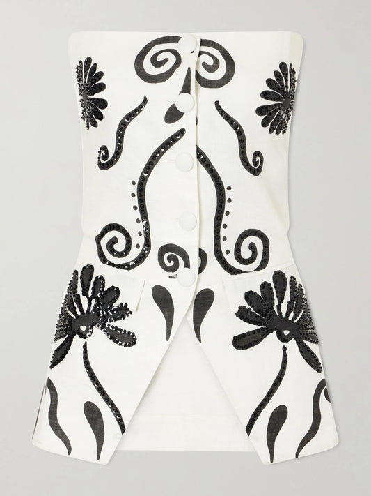Milos Strapless Sequin-embellished Floral-print Linen Top