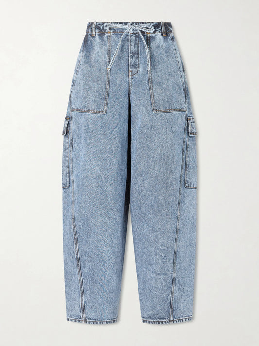 Image of Jeans. Product name - Mid-rise Barrel-leg Jeans in Light denim colour by brand - Alaïa