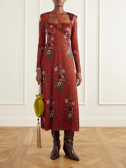 Image of Dresses. Product name - Festive Performance Gathered Floral-print Stretch-jersey Halterneck Midi Dress in Brick colour by brand - Johanna Ortiz