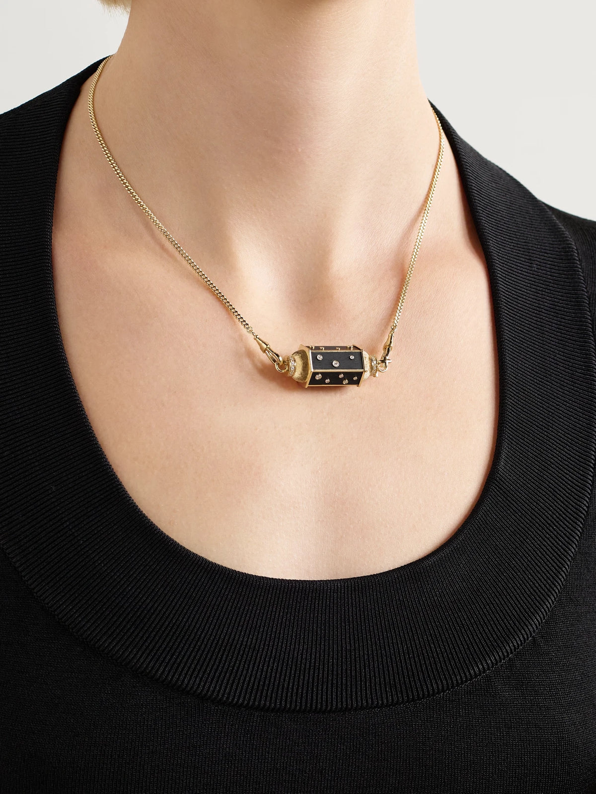 Image of Necklaces. Product name - Dot Locket Gourmette 18-karat Gold, Ebony And Diamond Necklace in Black colour by brand - Marie Lichtenberg