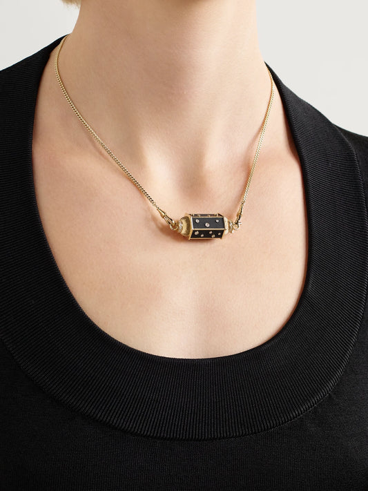 Image of Necklaces. Product name - Dot Locket Gourmette 18-karat Gold, Ebony And Diamond Necklace in Black colour by brand - Marie Lichtenberg