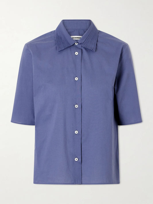 Image of a model wearing Tops. Product name - Pleated Cotton Shirt in Blue colour by brand - Jil Sander