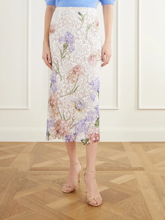 Oscar de la Renta Floral-print Scalloped Guipure-lace Midi Skirt