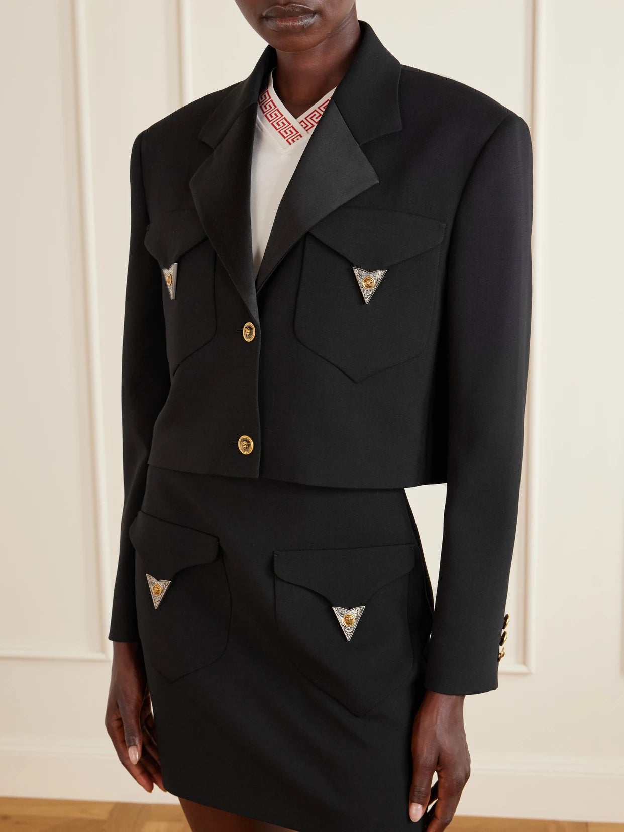 Medusa-embellished Cropped Wool Jacket