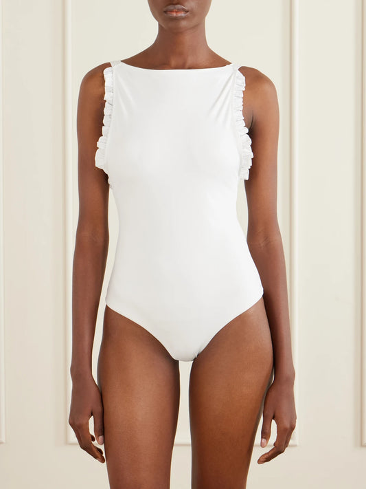 Image of Swimwear. Product name - Louise Ruchedswimsuit in White colour by brand - Kiki de Montparnasse