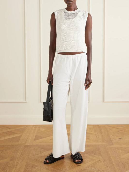 Image of a model wearing Tops. Product name - Knitted Linen And Cotton Tank in Off-white colour by brand - James Perse