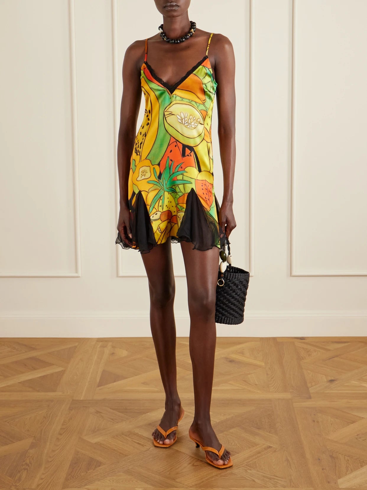 Image of Dresses. Product name - Frutas Ruffled Lace-trimmed Printed Silk-blend Satin And Chiffon Mini Dress in Multi colour by brand - Donde Esteban