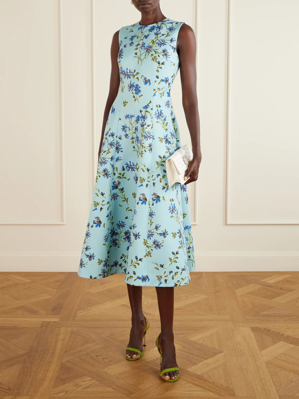 Image of Dresses. Product name - Floral-print Faille Midi Dress in Light blue colour by brand - Emilia Wickstead