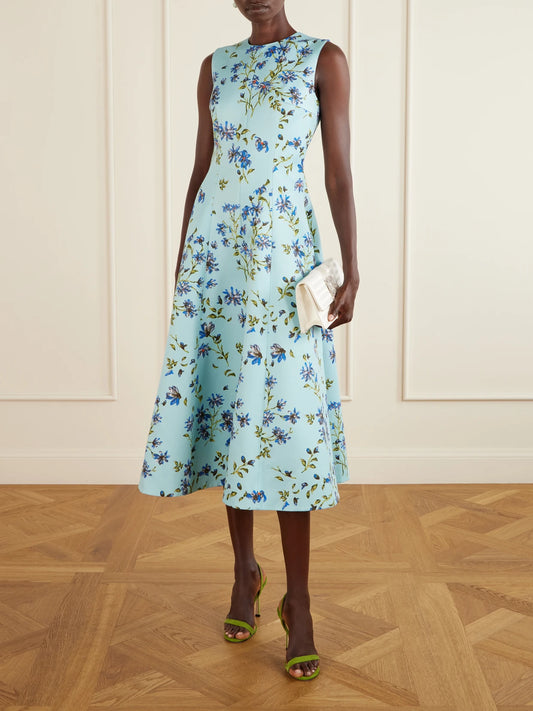 Image of Dresses. Product name - Floral-print Faille Midi Dress in Light blue colour by brand - Emilia Wickstead