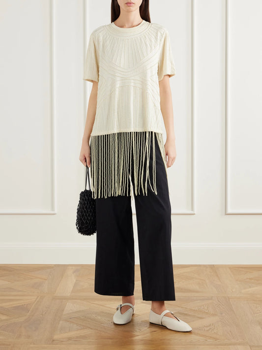 Image of a model wearing Tops. Product name - Carlotta Embellished Cotton Blouse in Cream colour by brand - Sea