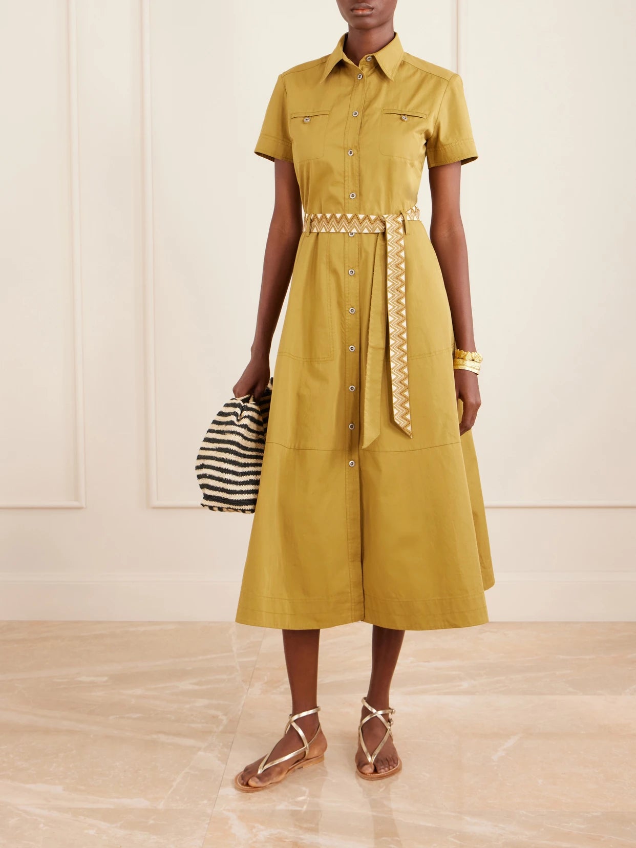 Image of Dresses. Product name - Giselle Belted Cotton Midi Dress in Green colour by brand - Emporio Sirenuse