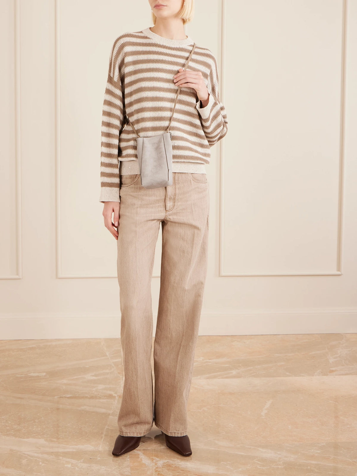 Image of Bags. Product name - Embellished Leather-trimmed Suede Pouch in Light gray colour by brand - Brunello Cucinelli