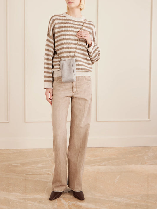 Image of Bags. Product name - Embellished Leather-trimmed Suede Pouch in Light gray colour by brand - Brunello Cucinelli