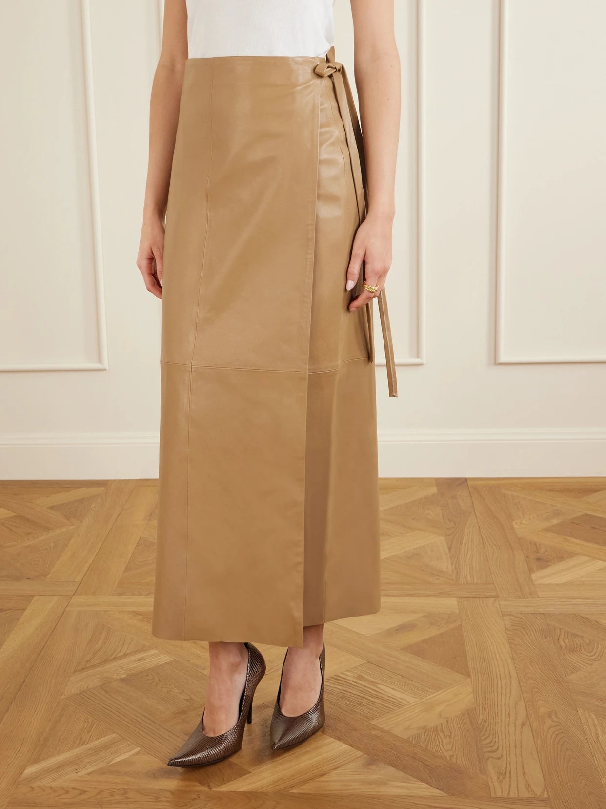 Paneled Leather Maxi Wrap Skirt