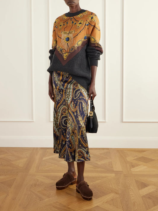 Image of a model wearing Outerwear. Product name - Printed Silk-trimmed Wool And Cashmere-blend Sweater in Multi colour by brand - Etro