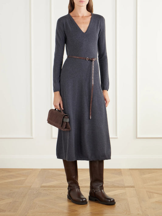 Image of Dresses. Product name - Belted Bead-embellished Cashmere Knitted Midi Dress in Dark gray colour by brand - Brunello Cucinelli