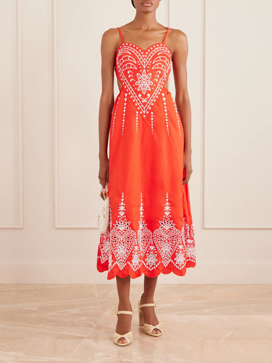 Image of Dresses. Product name - Heart Broderie Anglaise Cotton Midi Dress in Red colour by brand - Farm Rio