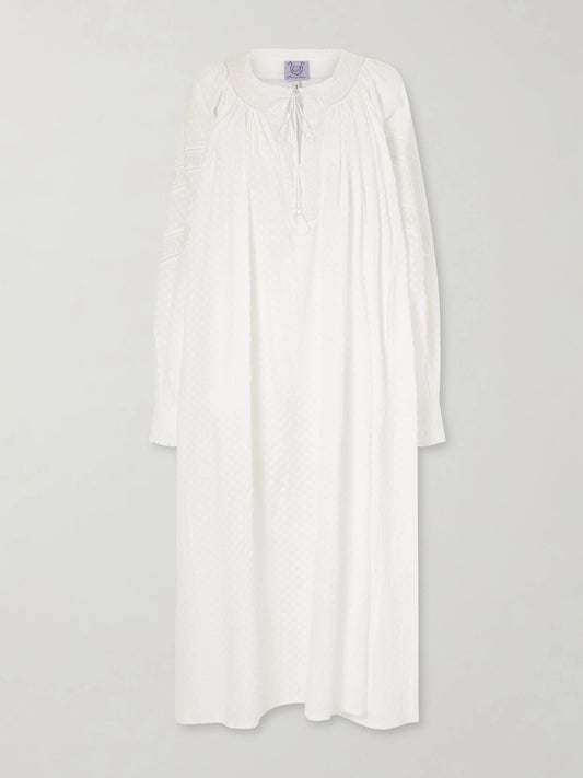 Image of Dresses. Product name - Vladia Ruffled Embroidered Cotton Maxi Dress in White colour by brand - Thierry Colson