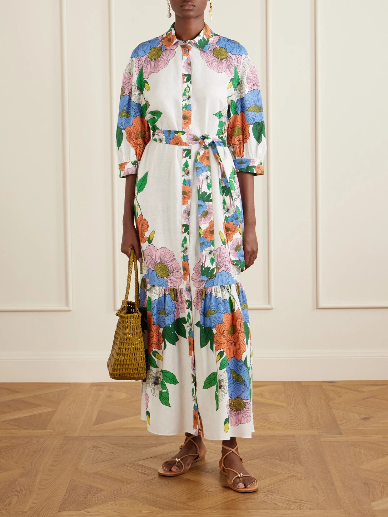 Image of Dresses. Product name - Bianca Linen-blend Floral Midi Dress in Multi colour by brand - Borgo de Nor