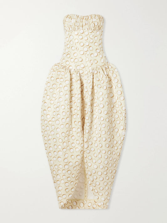 Image of Dresses. Product name - Paula Ruched Printed Brocade Gown in Cream colour by brand - ALÉMAIS