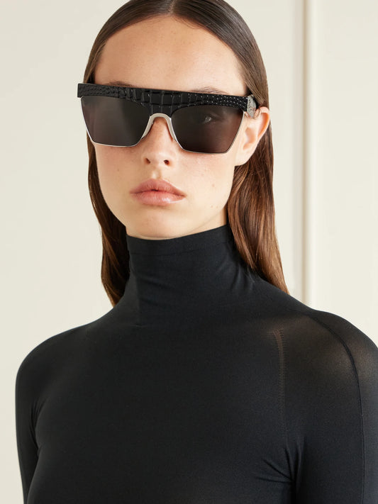 Image of Sunglasses. Product name - D-frame Croc-effect Recycled-acetate And Silver-tone Metal Sunglasses in Black colour by brand - Alaïa
