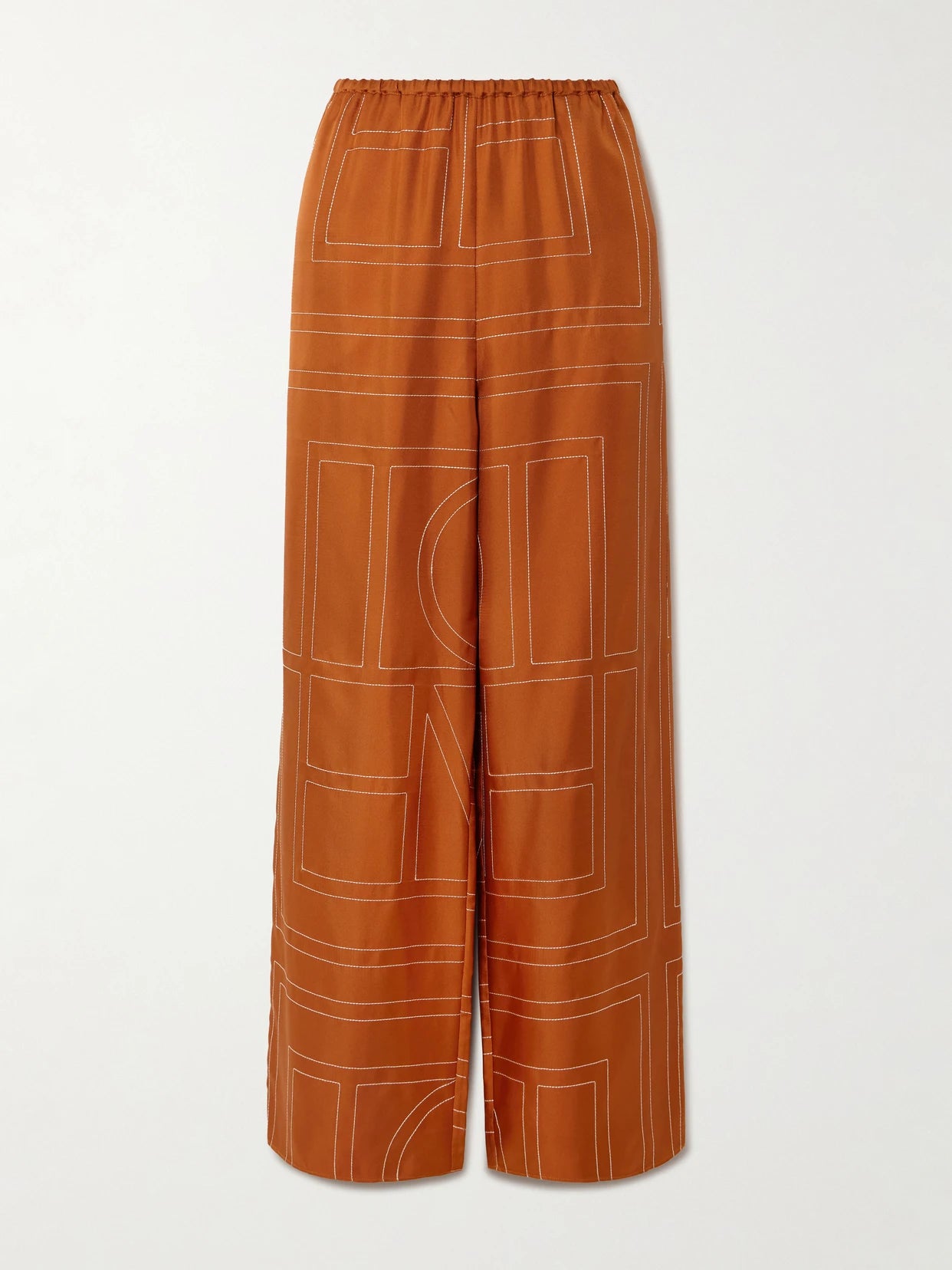 Image of a model wearing Pants. Product name - Embroidered Silk-twill Wide-leg Pants in Orange colour by brand - TOTEME