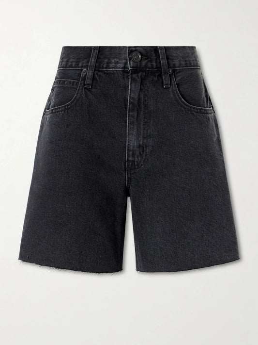 Image of a model wearing Shorts. Product name - Sienna Frayed Denim Shorts in Black colour by brand - SLVRLAKE