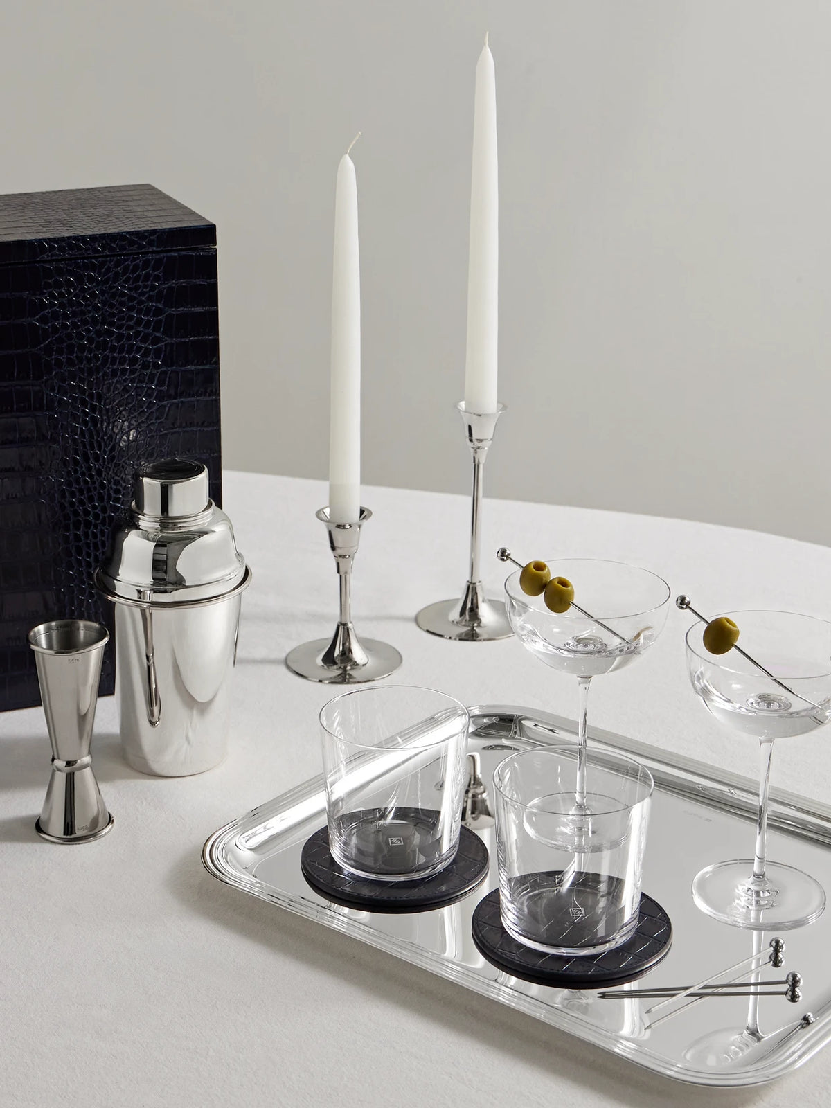 Image of Decor. Product name - Mara Croc-effect Leather Bar Set in Silver colour by brand - Smythson