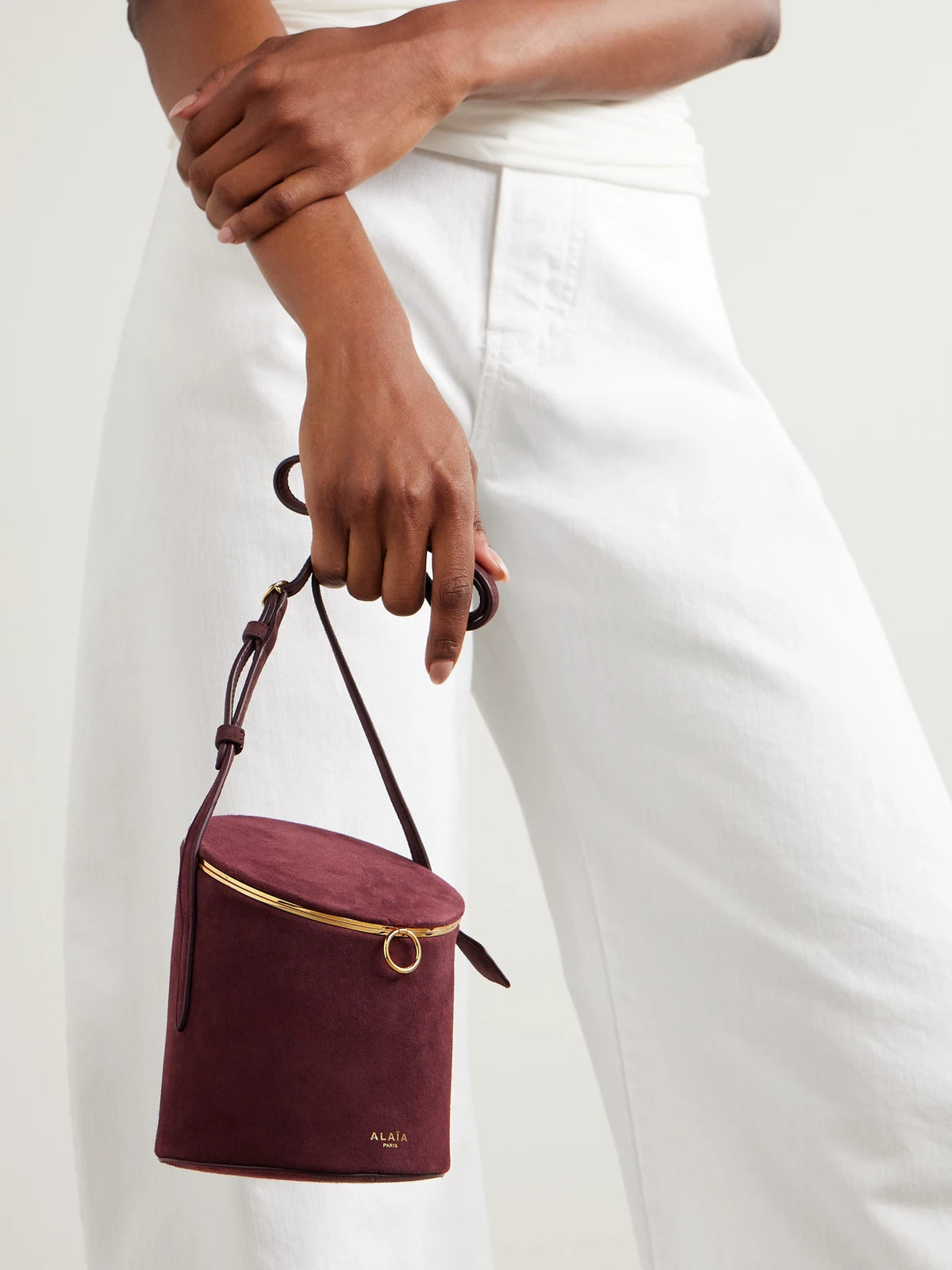 Image of Bags. Product name - La Canette Small Suede Shoulder Bag in Burgundy colour by brand - Alaïa